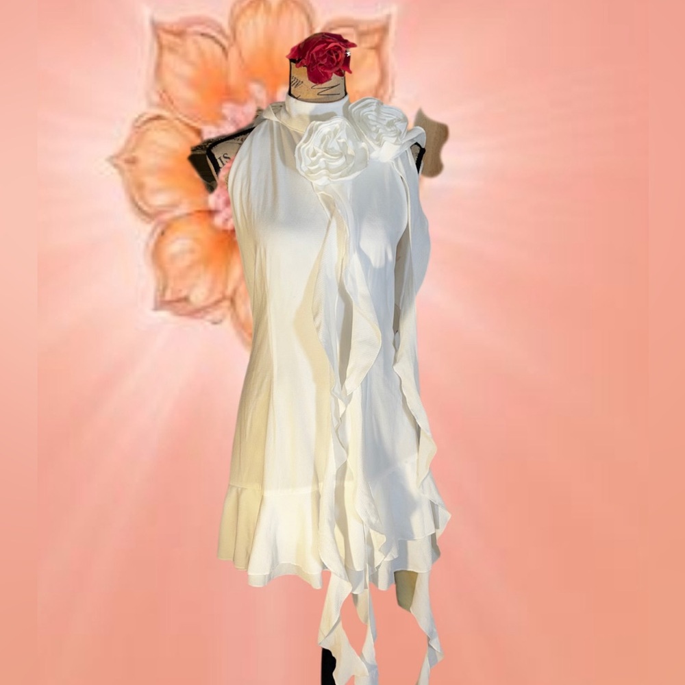 Elegant White Ruffle Neck Floral Accent Dress